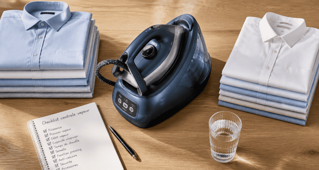 centrale vapeur comparatif sur table avec chemises et checklist