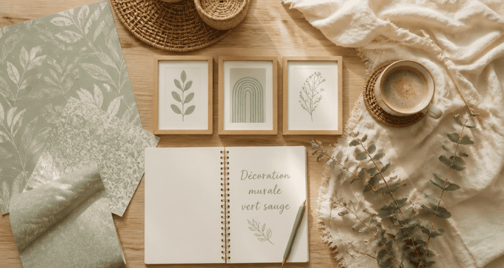 decoration murale vert sauge flat lay scandinave
