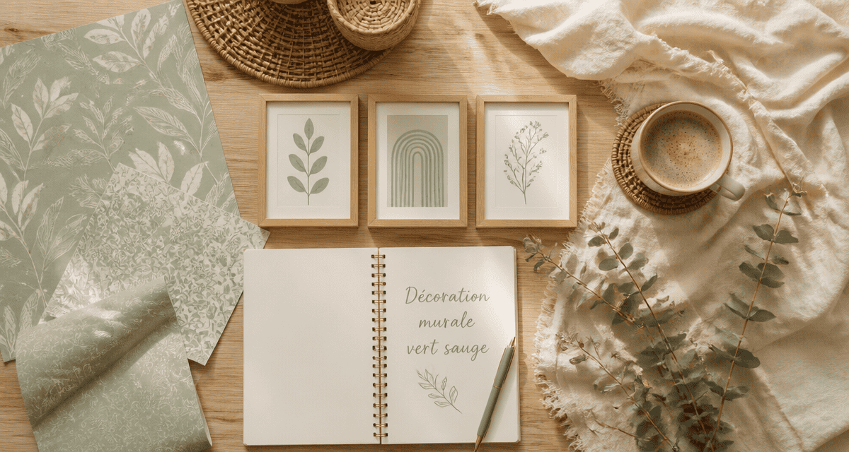 decoration murale vert sauge flat lay scandinave