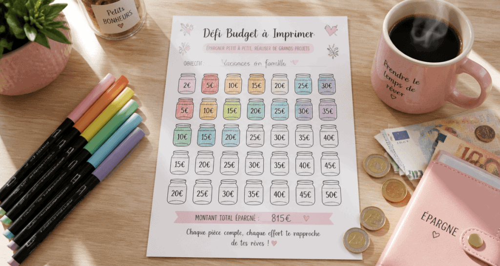 défi budget à imprimer gratuit sur table en bois avec feutres et euros