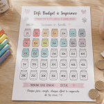 défi budget à imprimer gratuit sur table en bois avec feutres et euros