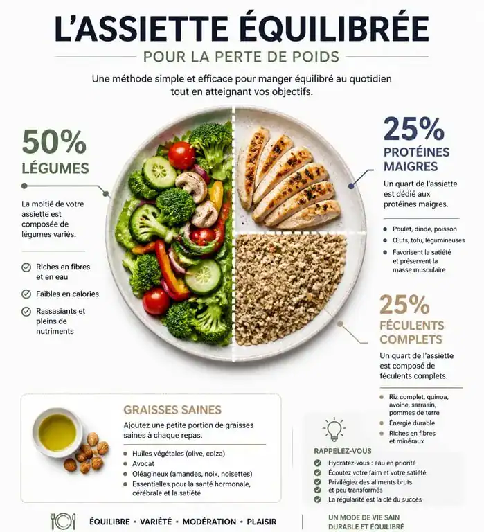 Infographie de la méthode de l'assiette équilibrée pour un plan alimentaire de perte de poids