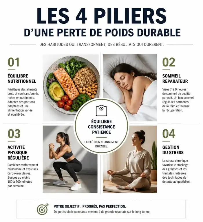 Infographie sur les piliers pour maigrir vite et bien de manière saine