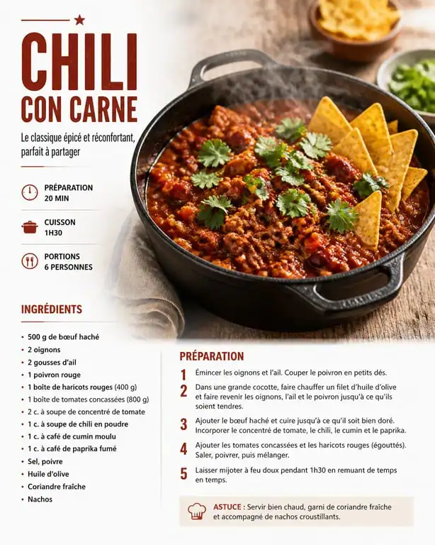 Recette de Chili Con Carne pour 30 personnes dans une grande cocotte