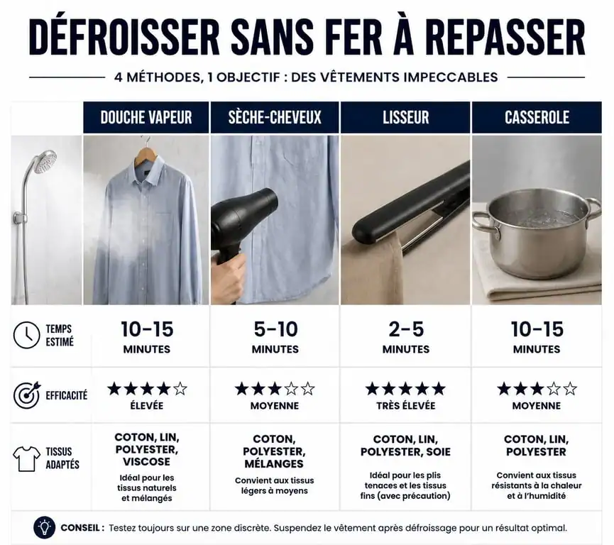 Infographie comparative des méthodes pour repasser sans fer : douche vapeur, sèche-cheveux, lisseur et casserole.