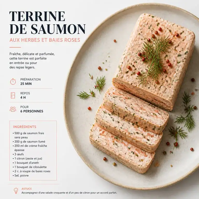 Terrine de saumon aux herbes et baies roses, une entrée froide festive et élégante.