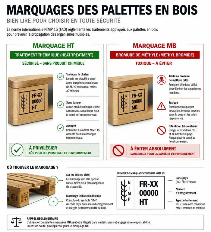 Infographie des marquages de sécurité sur palettes en bois pour fabriquer un meuble palette