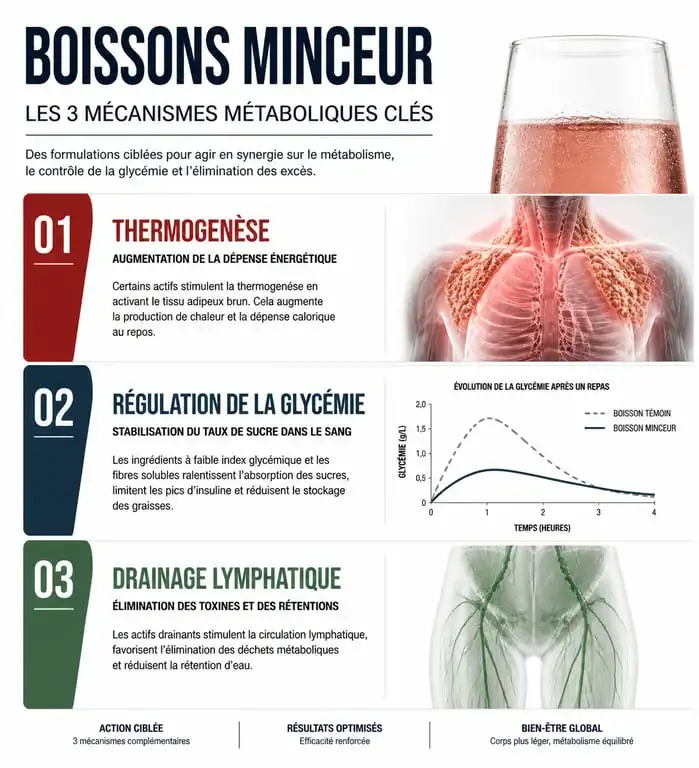 Infographie des mécanismes d'action des boissons pour perdre du poids sur le métabolisme