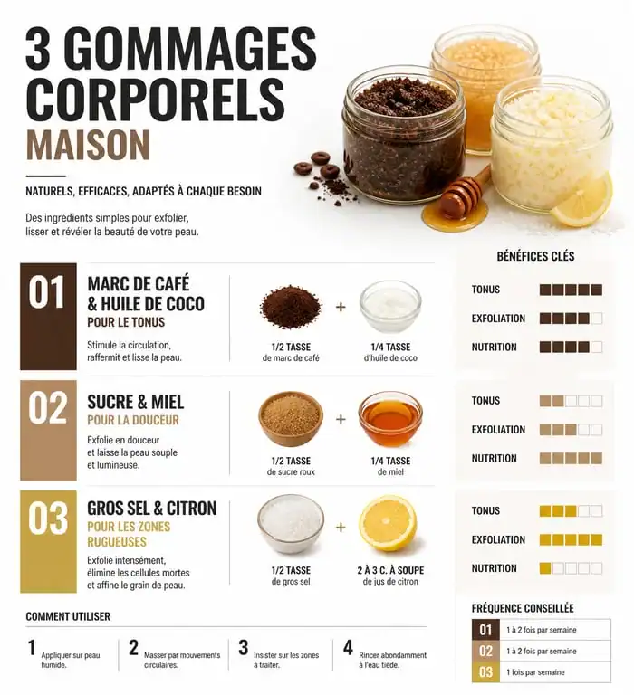 Infographie des recettes de gommage corps maison pour une peau douce et éclatante