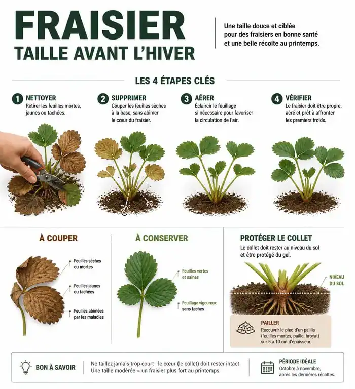 Infographie sur la taille des feuilles de fraisiers avant l'hiver pour un entretien optimal
