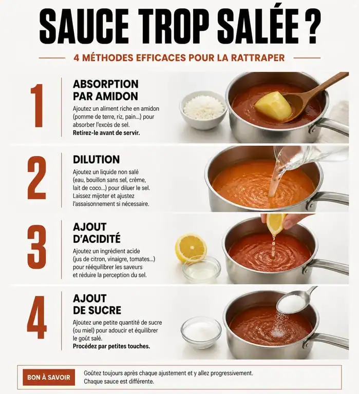 Infographie des astuces pour rattraper une sauce trop salée