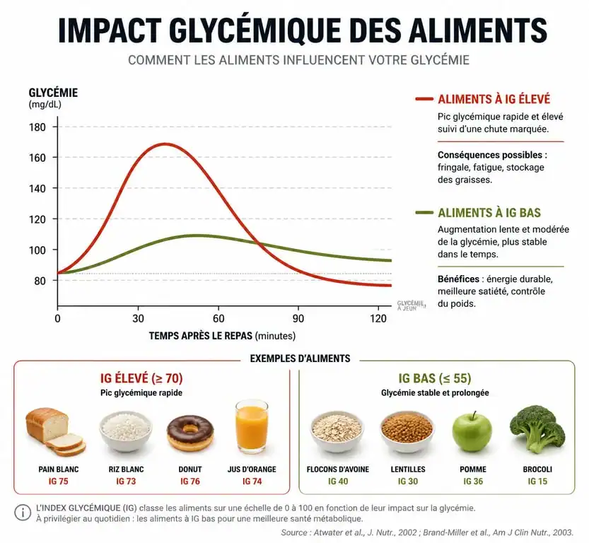 Infographie sur l'impact des aliments riches en glucides sur la glycémie et l'index glycémique