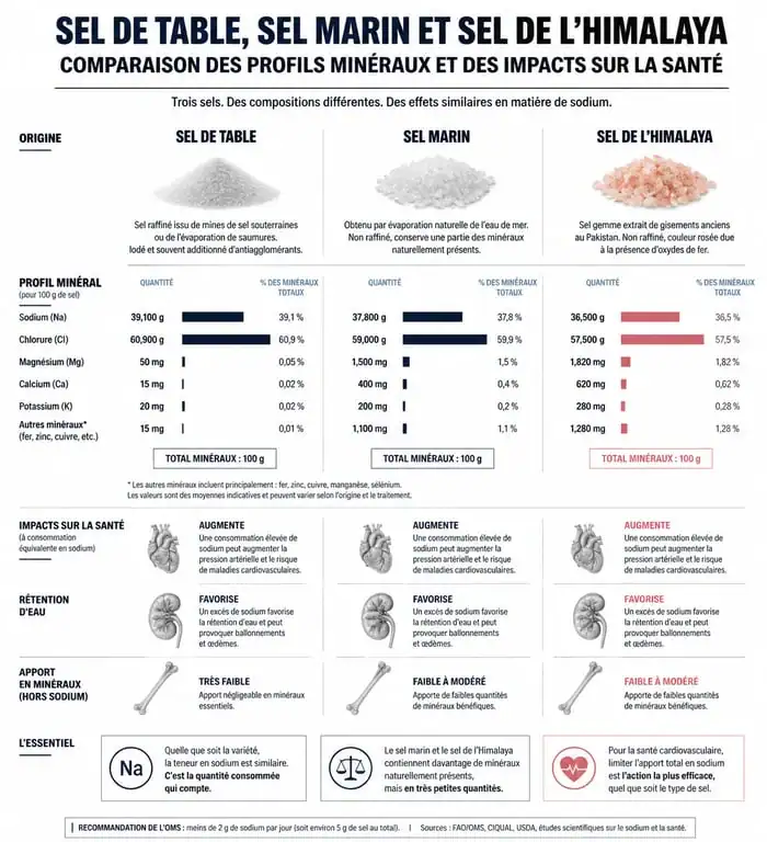 Infographie comparative des types de sel et leurs effets sur la santé pour choisir le meilleur sel pour la santé