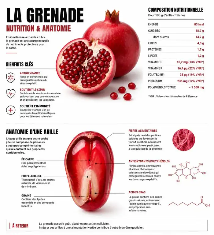 Infographie sur les bienfaits nutritionnels et la consommation des pépins de grenade