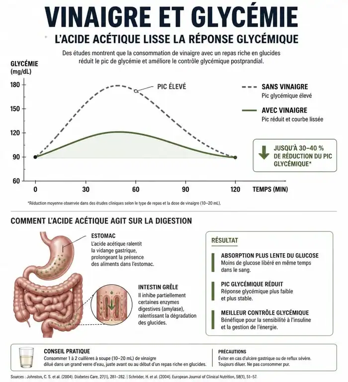 Infographie sur les bienfaits du meilleur vinaigre pour la santé et son impact sur la glycémie