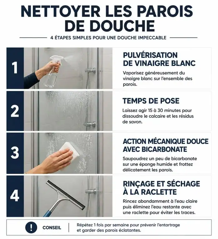 Infographie des étapes pour enlever le calcaire sur les parois de douche efficacement