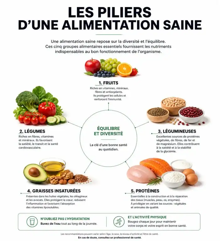 Infographie des piliers d'une alimentation saine et des aliments bons pour la santé