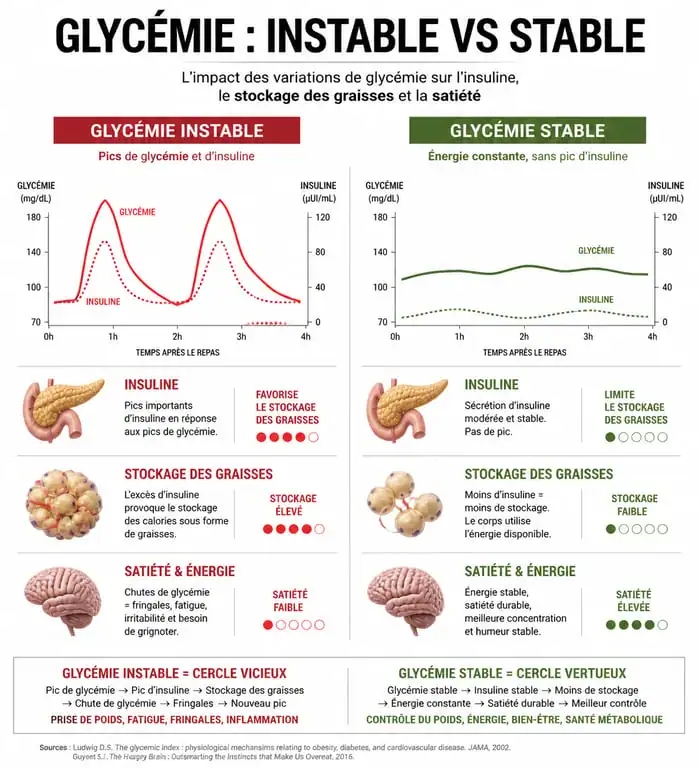 Infographie expliquant la gestion de la glycémie pour maigrir sans régime et stabiliser son poids.