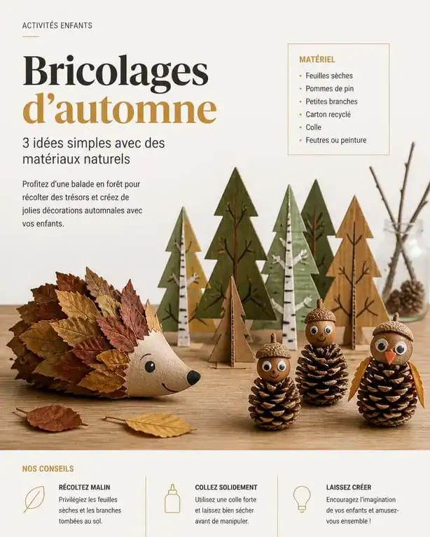Bricolage automne maternelle : créations en feuilles et pommes de pin