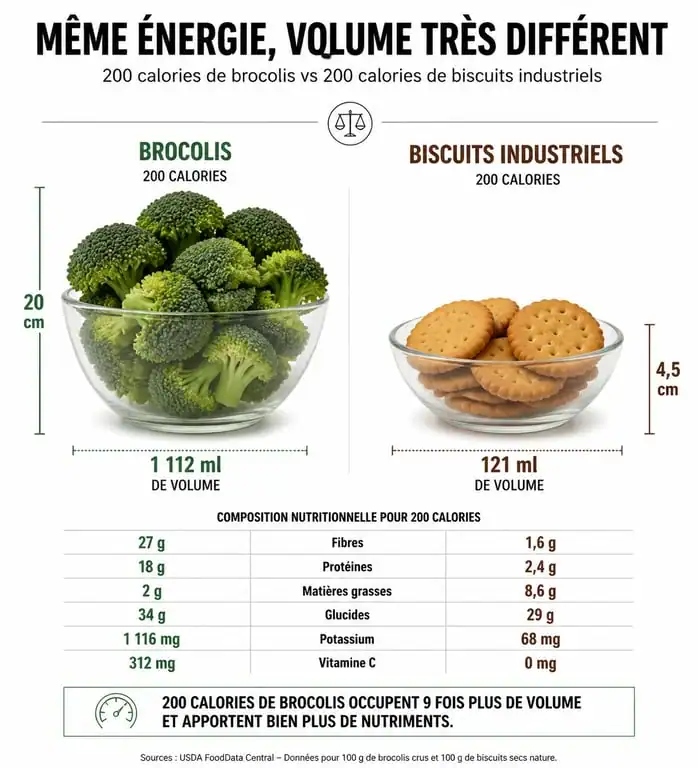 Infographie comparant la densité calorique des aliments faibles en calories