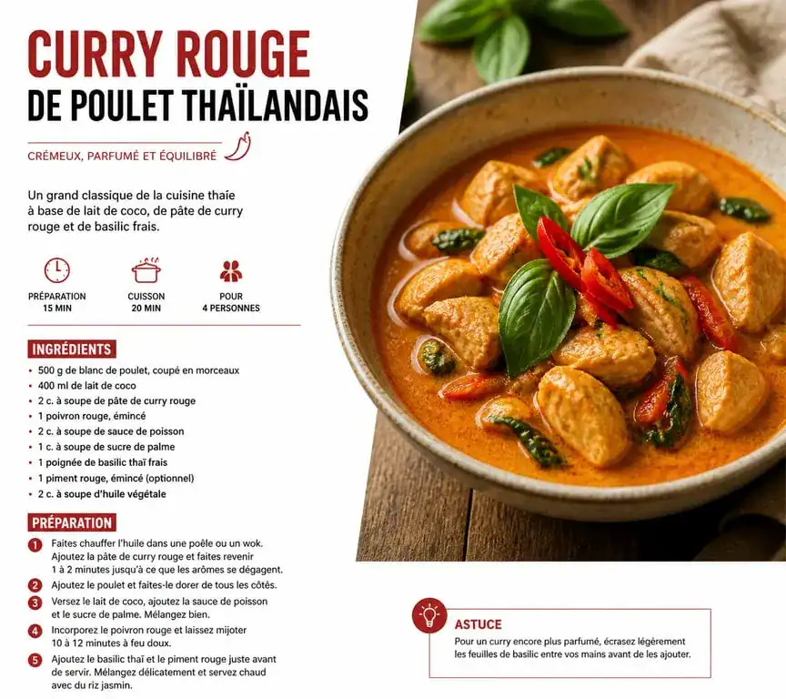 Curry rouge de poulet thaïlandais onctueux avec basilic frais, recette avec pâte de curry
