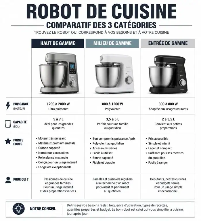 Infographie comparative des robots de cuisine : haut de gamme, milieu de gamme et entrée de gamme pour choisir le meilleur robot cuisine.
