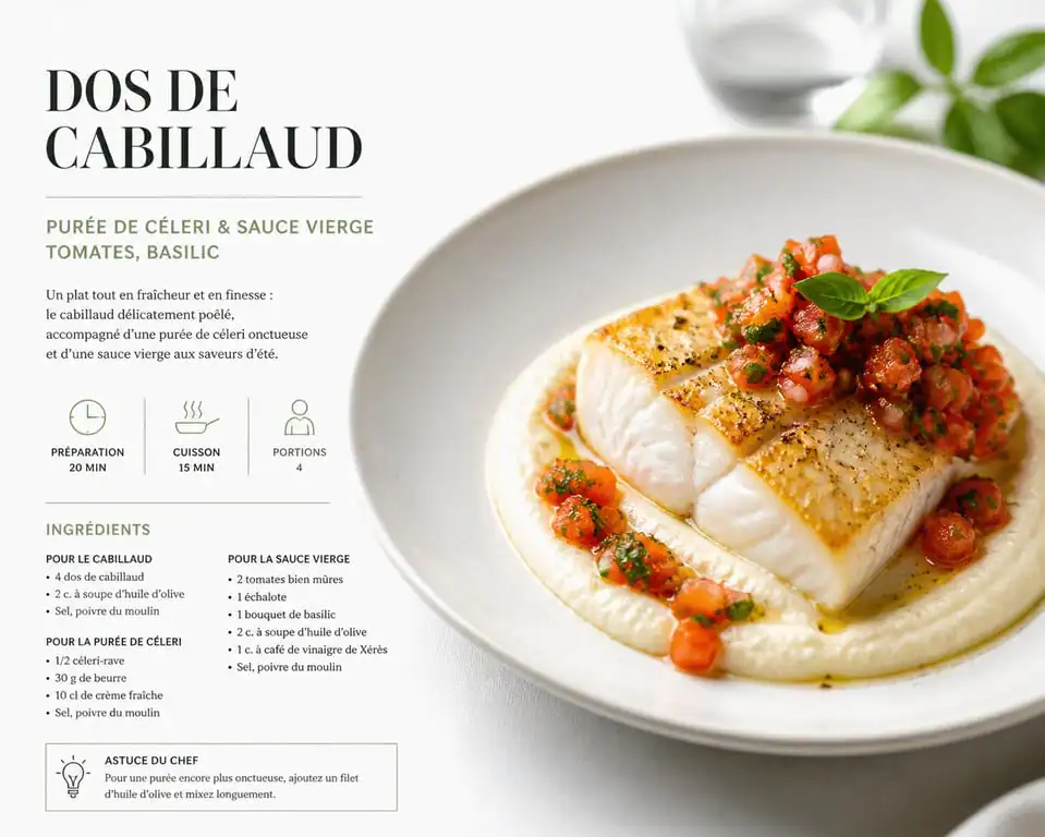 Dos de cabillaud accompagné de purée de céleri et sauce vierge