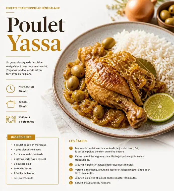 Poulet Yassa traditionnel avec riz et olives, met africain emblématique