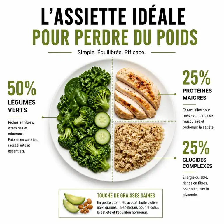 Infographie de la composition d'une assiette équilibrée pour la perte de poids