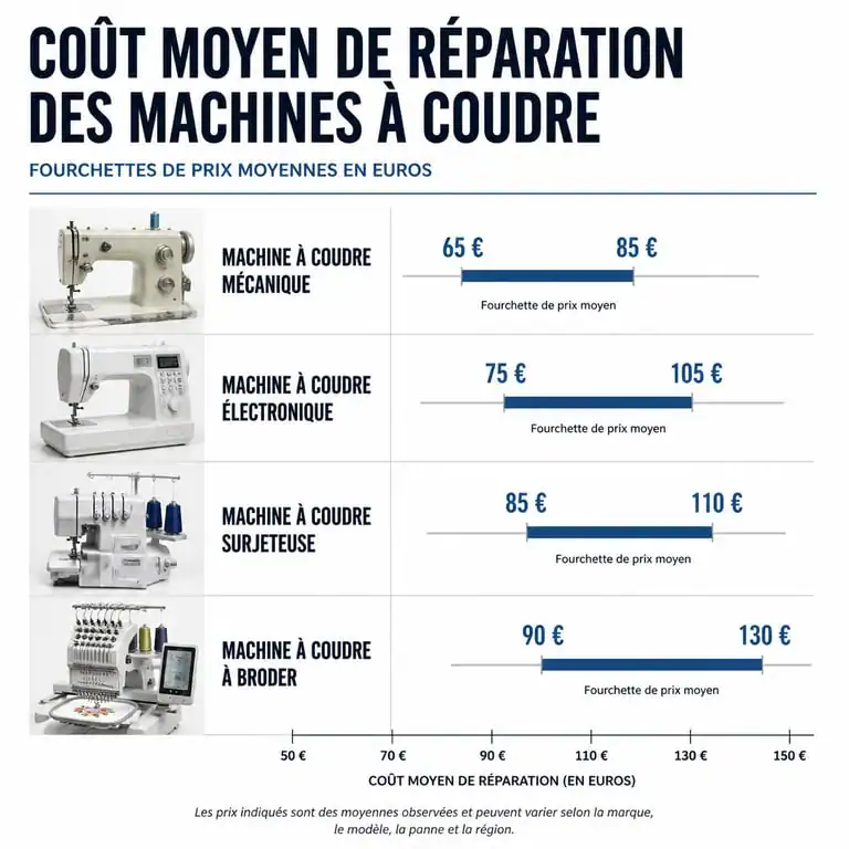 Tarifs moyens de réparation pour différents types de machines à coudre : mécanique, électronique, surjeteuse et brodeuse.