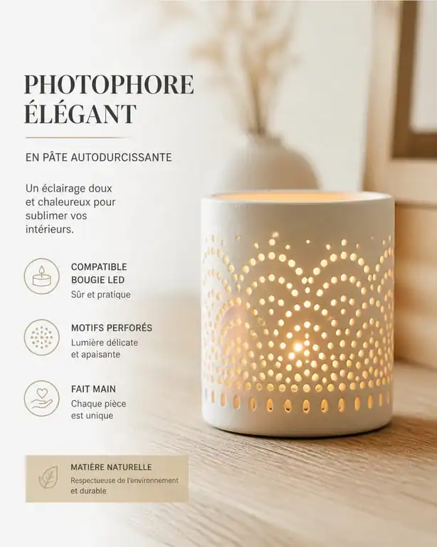 Photophore en pâte autodurcissante fait main avec des motifs perforés élégants