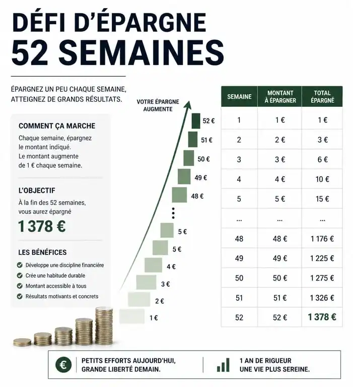 Infographie du défi budget à imprimer gratuit sur 52 semaines pour économiser 1378 euros