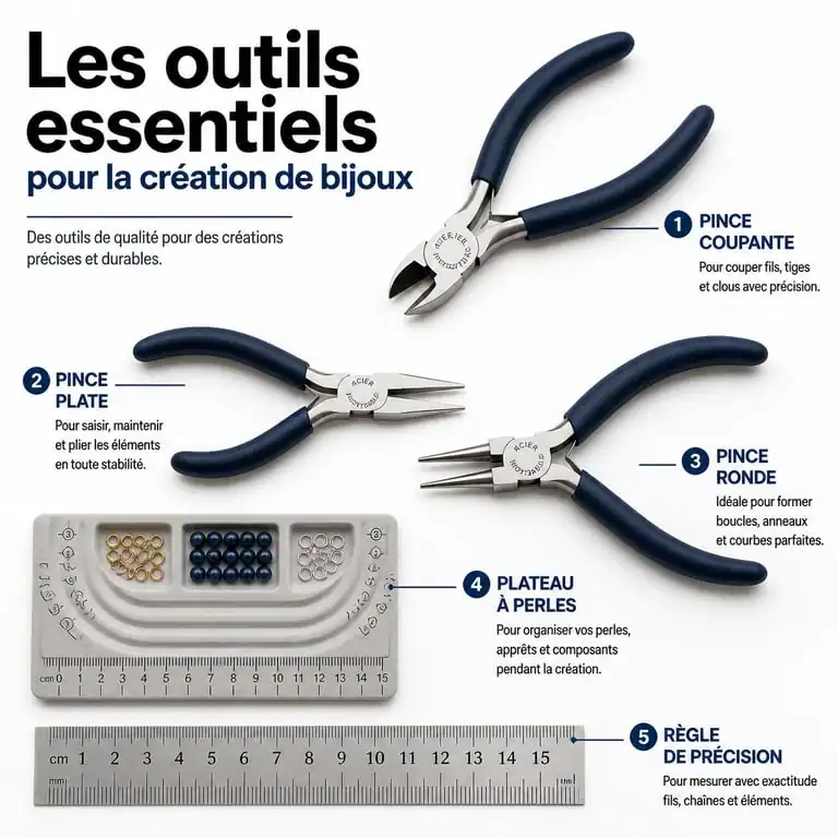 Matériel essentiel pour la création de bijoux : pinces de bijoutier, plateau de montage et outils de précision.