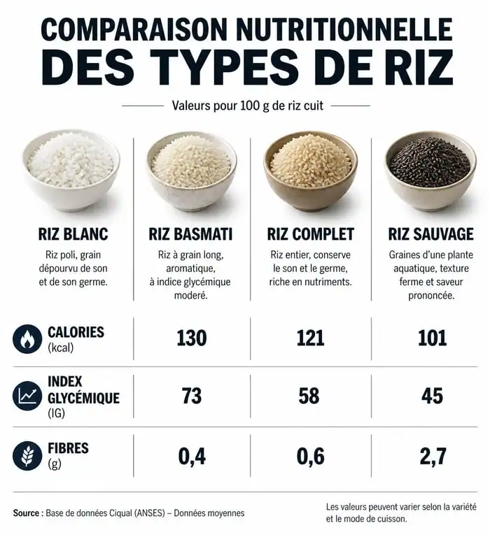 Infographie comparative des valeurs nutritionnelles et de l'index glycémique des différents types de riz pour une alimentation équilibrée.