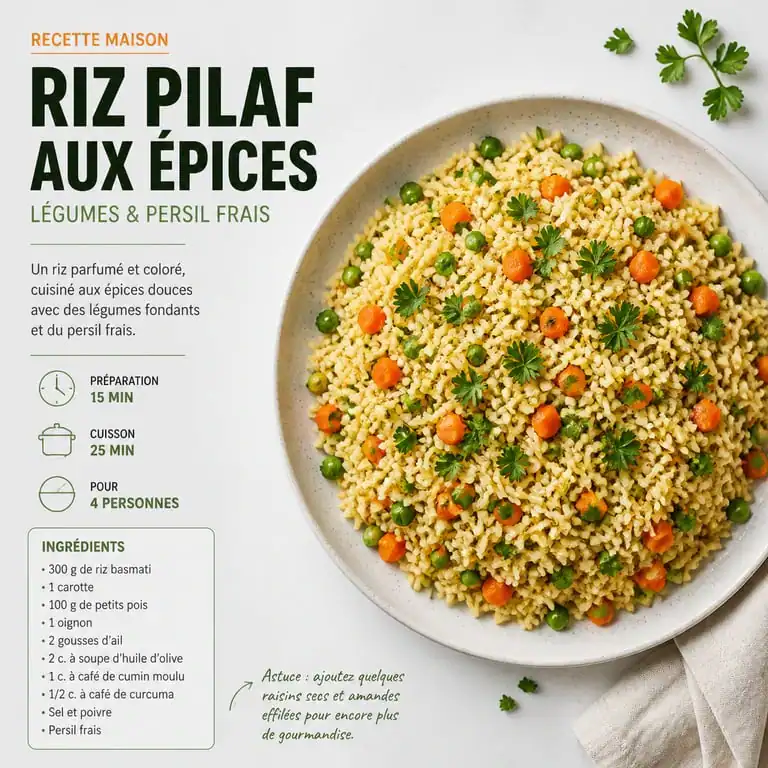 Riz pilaf aux épices douces et légumes croquants en accompagnement
