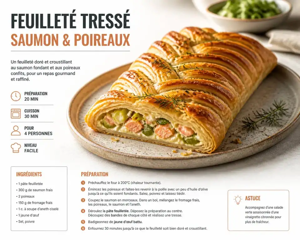 Feuilleté tressé au saumon et poireaux, recette feuilleté salé maison