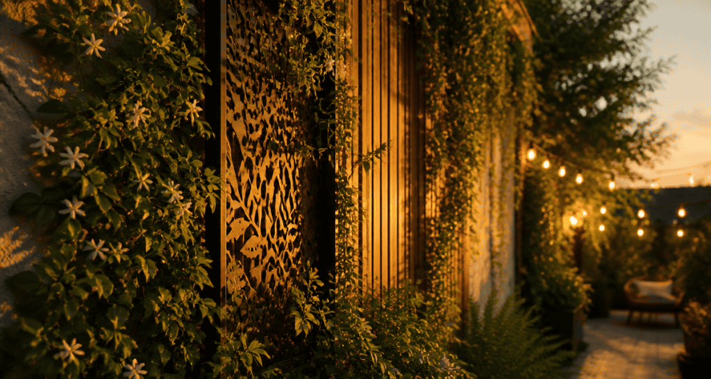 idee pour cacher un mur exterieur avec vegetation et panneaux decoratifs