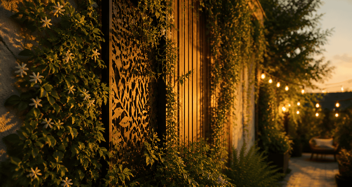 idee pour cacher un mur exterieur avec vegetation et panneaux decoratifs