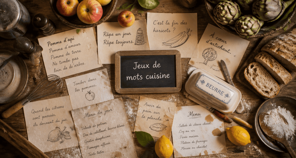 jeux de mots autour de la cuisine sur table avec ingrédients et ardoise