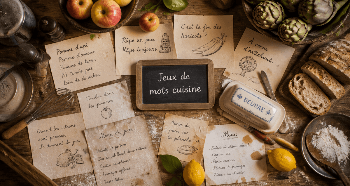 jeux de mots autour de la cuisine sur table avec ingrédients et ardoise