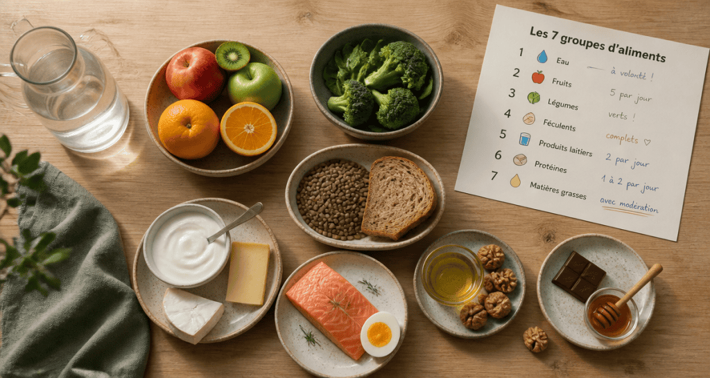 Les 7 groupes d aliments tableau sur une table