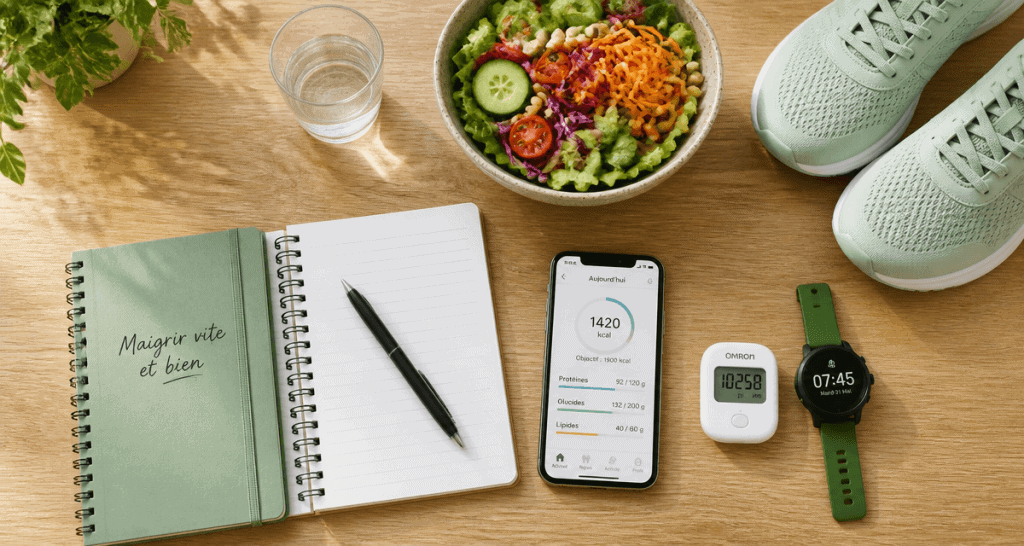 Maigrir vite et bien, table avec salade, carnet, baskets et calculateur