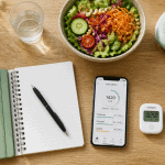 Maigrir vite et bien, table avec salade, carnet, baskets et calculateur