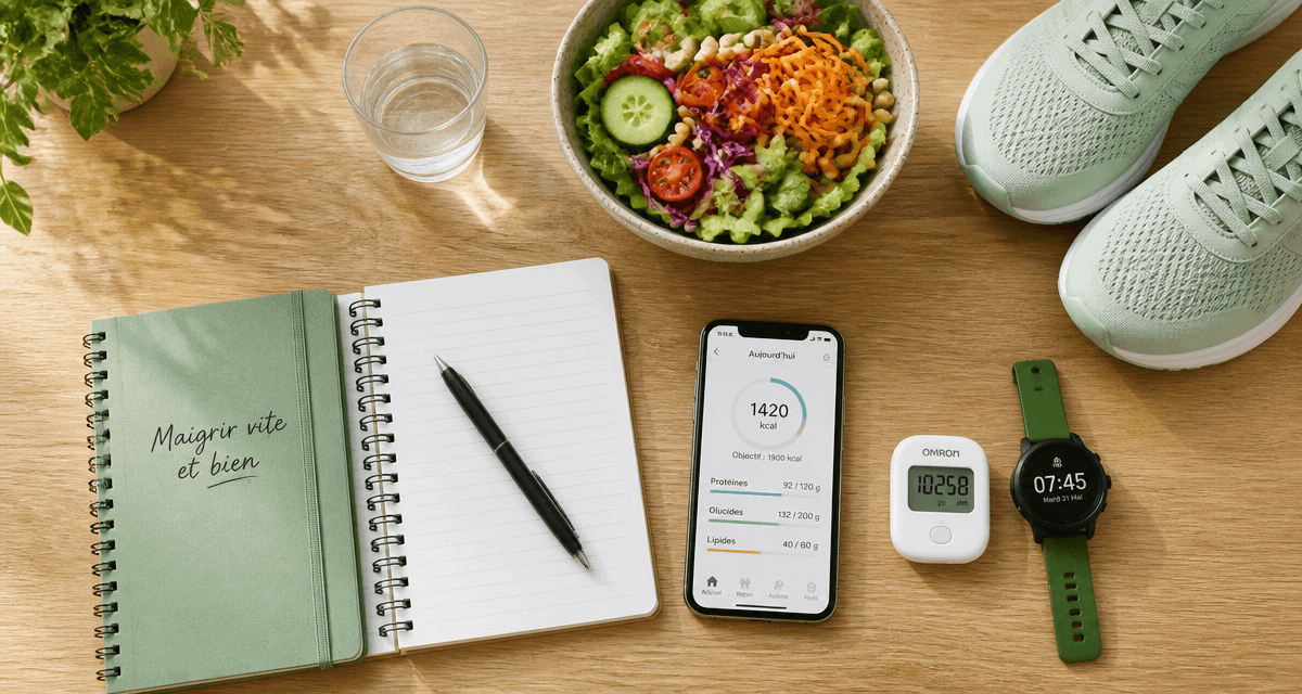 Maigrir vite et bien, table avec salade, carnet, baskets et calculateur
