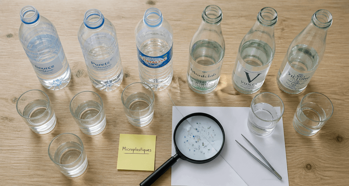 microplastique bouteille d eau sur table avec loupe et verres