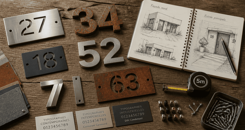 Flat lay numero de maison design en metal sur bois