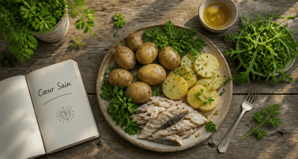 Pommes de terre et cholesterol, repas sain sur table rustique