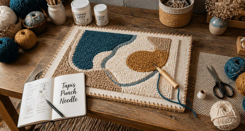 Atelier punch needle tapis en cours de réalisation