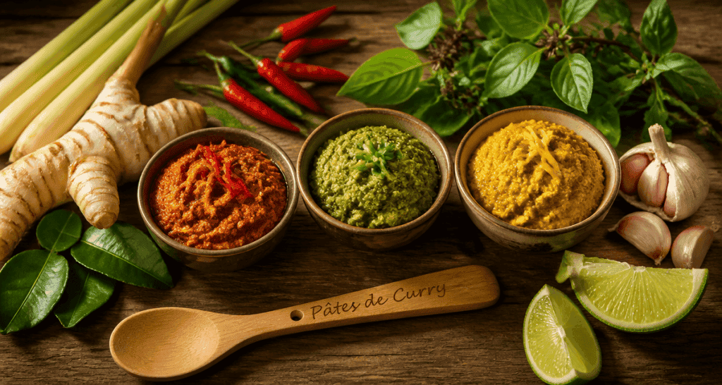 Recette avec pate de curry rouge verte jaune et ingrédients frais