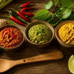 Recette avec pate de curry rouge verte jaune et ingrédients frais